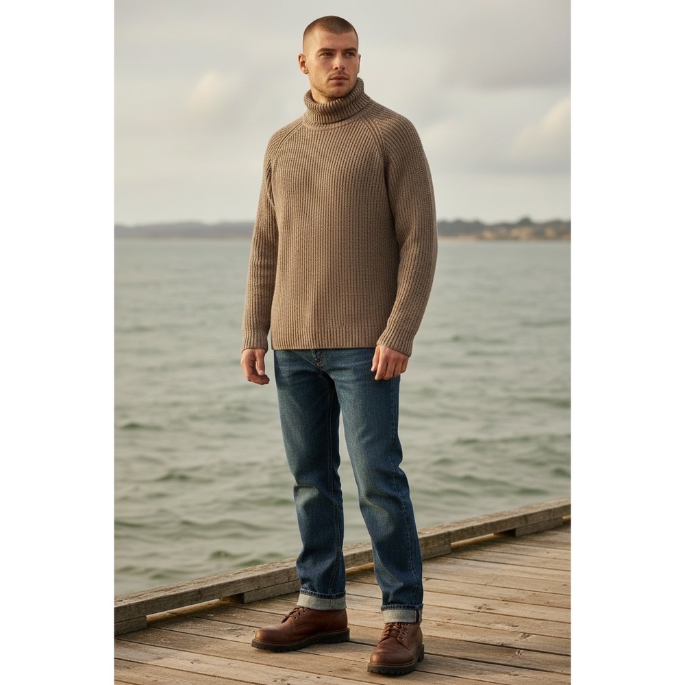 Vintage 90s J.Crew Wool Roll Neck Sweater L Brown Oarsman Fisherman Knit Fall